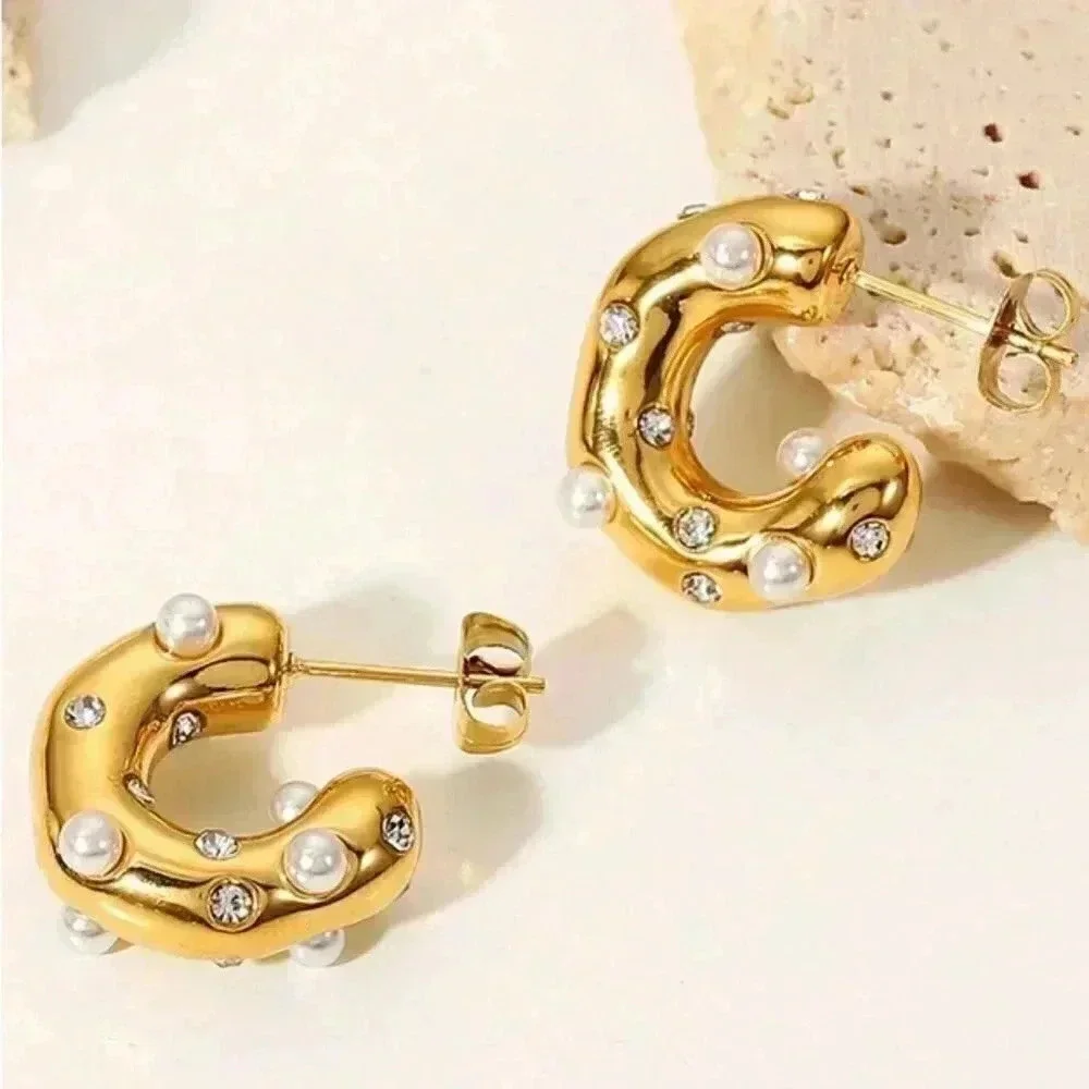Cubic Zirconia & Faux Pearl Decor Cuff Hoop Earrings
